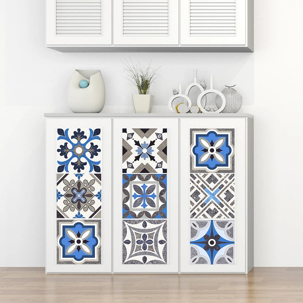 10pcs Blue & Gray Matte Surface Wall Sticker Film For Tiles /Ground in Kitchen Backsplash Floor PVC Art Wallpaper Peel & Stick