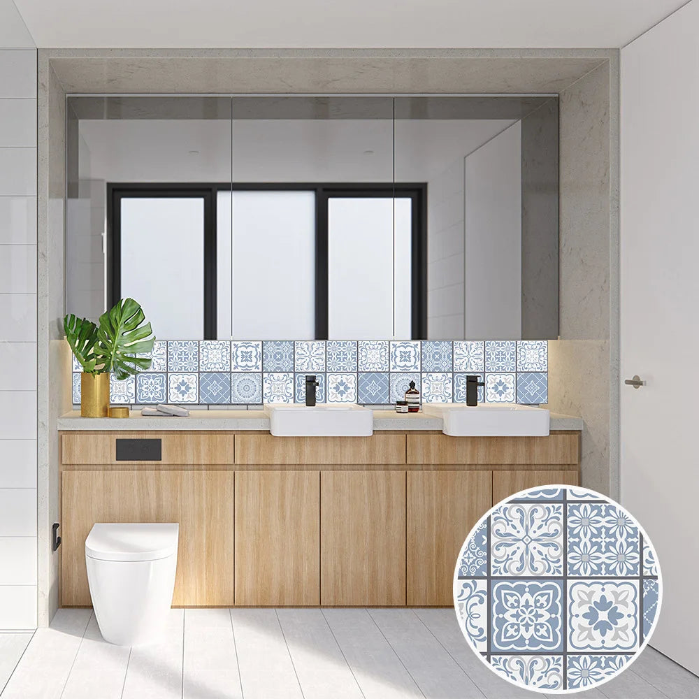 10pcs Blue & Gray Matte Surface Wall Sticker Film For Tiles /Ground in Kitchen Backsplash Floor PVC Art Wallpaper Peel & Stick