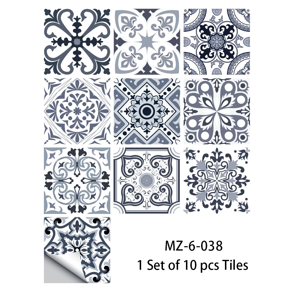 10pcs Blue & Gray Matte Surface Wall Sticker Film For Tiles /Ground in Kitchen Backsplash Floor PVC Art Wallpaper Peel & Stick