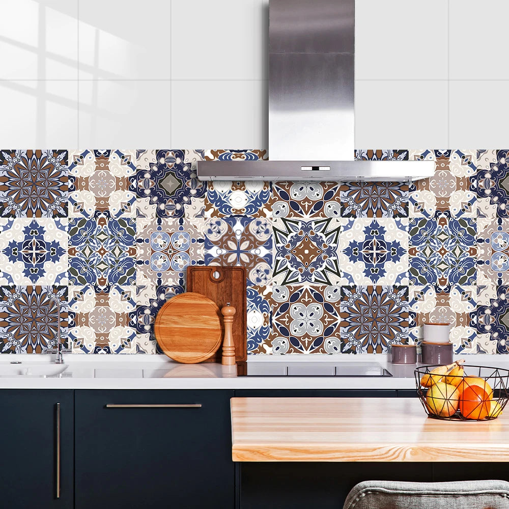 10pcs Blue & Gray Matte Surface Wall Sticker Film For Tiles /Ground in Kitchen Backsplash Floor PVC Art Wallpaper Peel & Stick