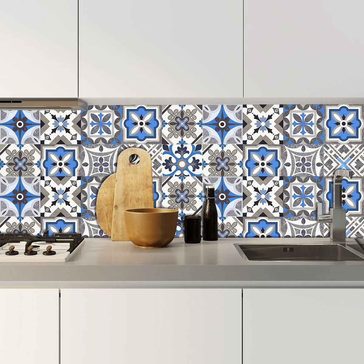 10pcs Blue & Gray Matte Surface Wall Sticker Film For Tiles /Ground in Kitchen Backsplash Floor PVC Art Wallpaper Peel & Stick