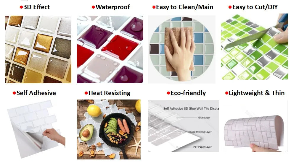 10 Pieces Peel and Stick Herringbone Wall Tiles DIY Kitchen Backsplash Big SIze Wall Sticker Waterproof Vinyl Wallpaper for Home