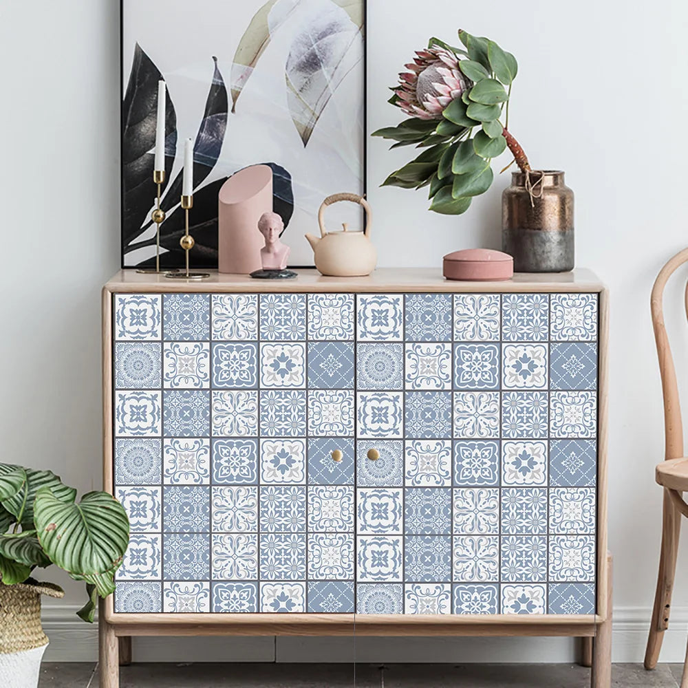 10pcs Blue & Gray Matte Surface Wall Sticker Film For Tiles /Ground in Kitchen Backsplash Floor PVC Art Wallpaper Peel & Stick