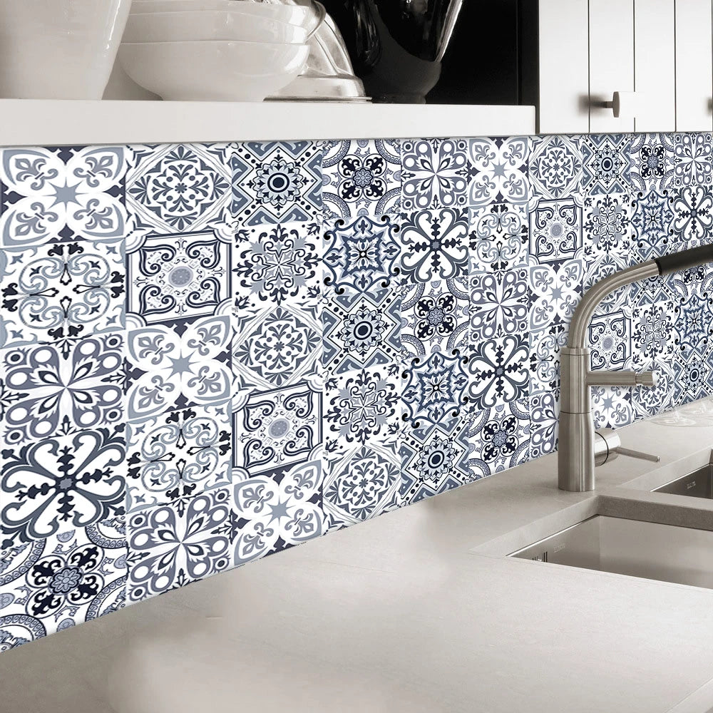 10pcs Blue & Gray Matte Surface Wall Sticker Film For Tiles /Ground in Kitchen Backsplash Floor PVC Art Wallpaper Peel & Stick