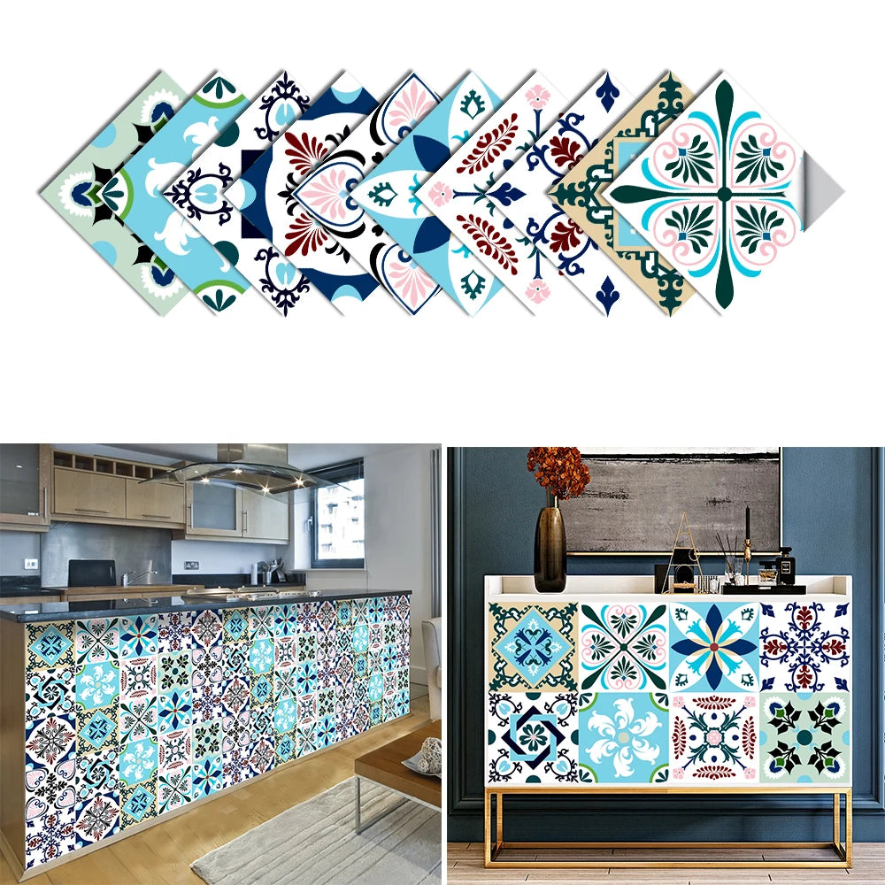 10pcs Blue & Gray Matte Surface Wall Sticker Film For Tiles /Ground in Kitchen Backsplash Floor PVC Art Wallpaper Peel & Stick