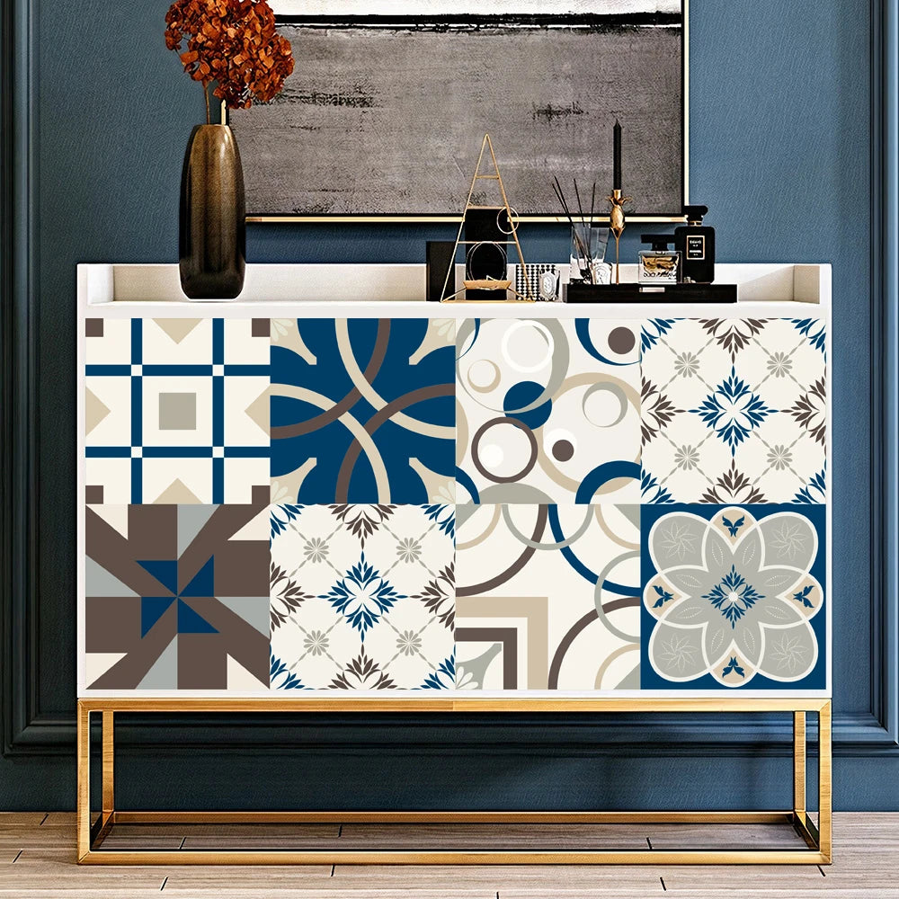 10pcs Blue & Gray Matte Surface Wall Sticker Film For Tiles /Ground in Kitchen Backsplash Floor PVC Art Wallpaper Peel & Stick