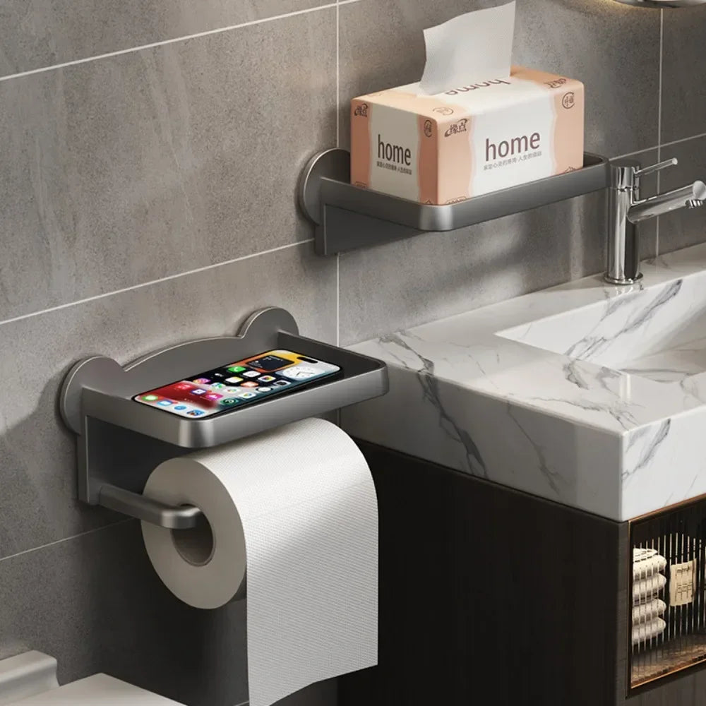 Wall-Mounted Toilet Paper Holder with Storage Shelf – Bathroom & Kitchen Organizer