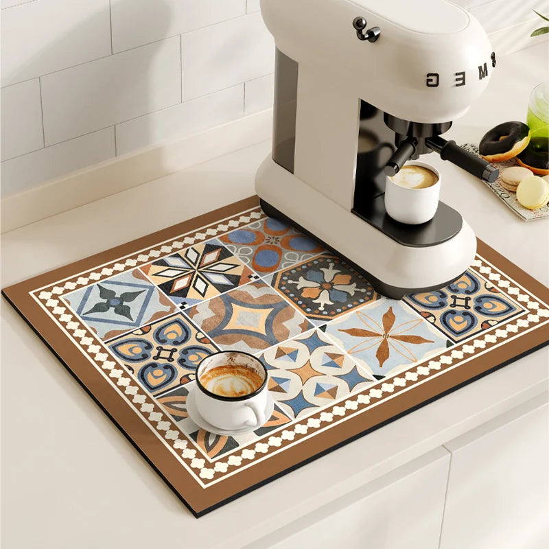 Retro Coffee Maker & Dish Drying Mat – Non-Slip, Quick-Dry, Washable Kitchen Pad