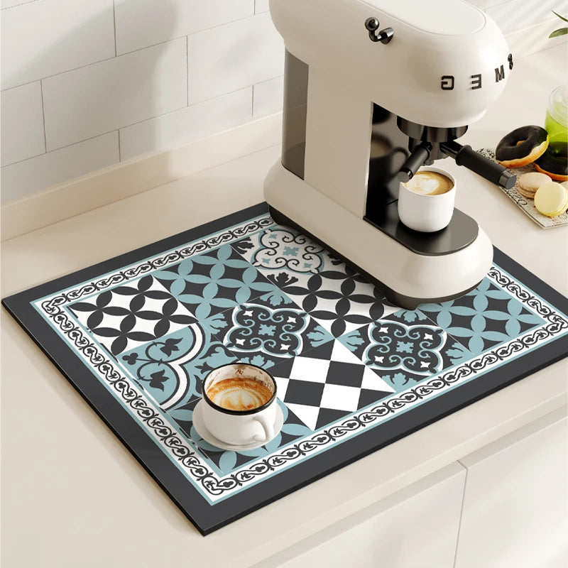Retro Coffee Maker & Dish Drying Mat – Non-Slip, Quick-Dry, Washable Kitchen Pad