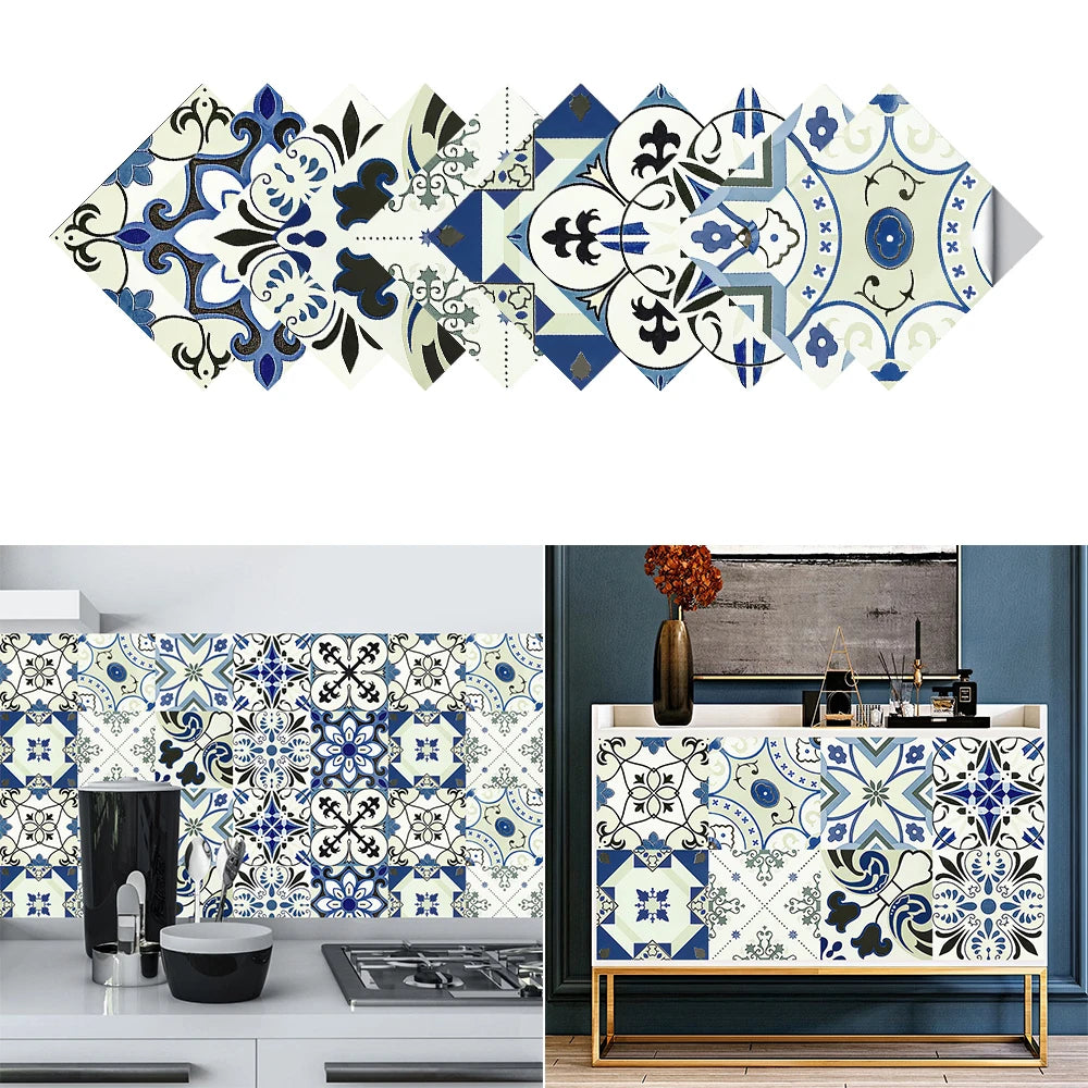 10pcs Blue & Gray Matte Surface Wall Sticker Film For Tiles /Ground in Kitchen Backsplash Floor PVC Art Wallpaper Peel & Stick