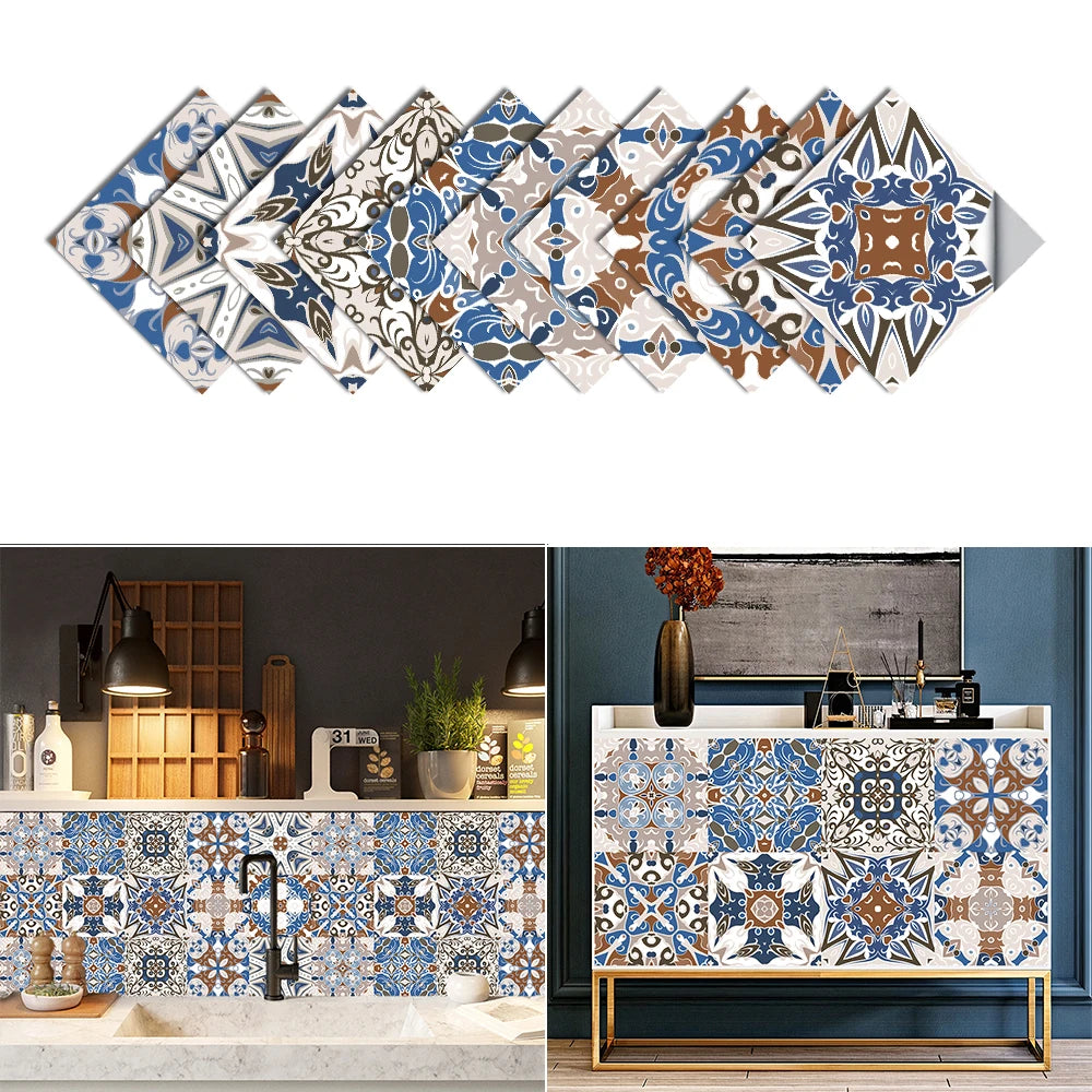 10pcs Blue & Gray Matte Surface Wall Sticker Film For Tiles /Ground in Kitchen Backsplash Floor PVC Art Wallpaper Peel & Stick