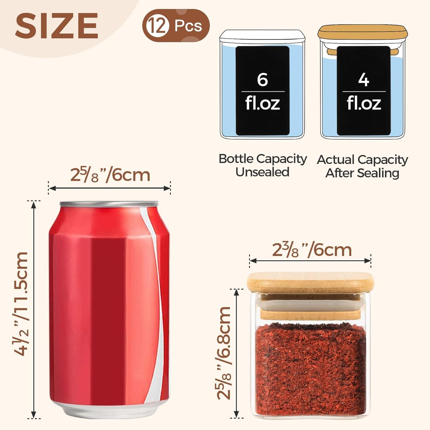12 Pcs Glass Spice Jars with Bamboo Lids, 4Oz/120Ml Square Glass Storage Jars with 275 Black Lables, Airtight Spice Jars with Lids, Glass Container for Spice, Salt, Sugar, Seeds, Nuts Etc