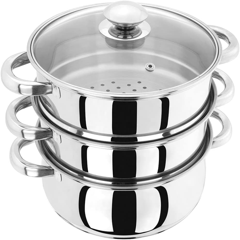 Essential 3-Tier Stainless Steel Steamer - Thermic Base & Vented Glass Lid, Oven-Safe Vegetable Steam Cooker with Cool Handles – Energy-Efficient, Induction Ready Healthy Steamer Cooking – 16Cm