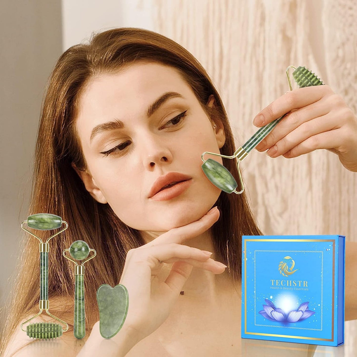 Jade Roller with Gua Sha Massage Set (3Pcs) - Face Roller for Eye Puffiness Treatment, Skin Tightening, Face & Neck, Natural Jade Face Massager & Perfect Self Care Gifts for Women