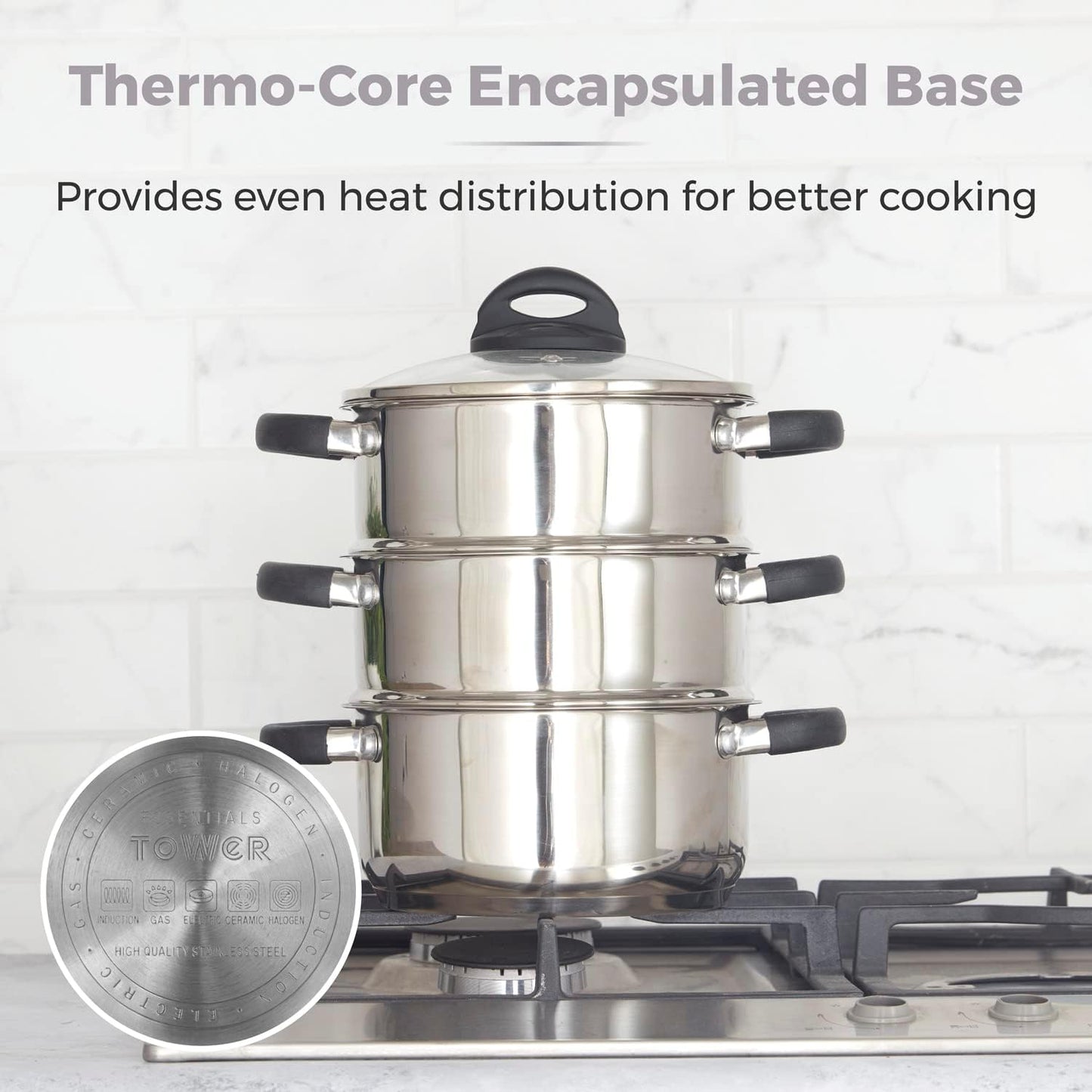 T80836 Essentials Induction Steamer Pans 3 Tier with Glass Lid, Silicone Handles, Stainless Steel, Steamer Cooking, Polished Mirror Finish, 18 Cm , Silver