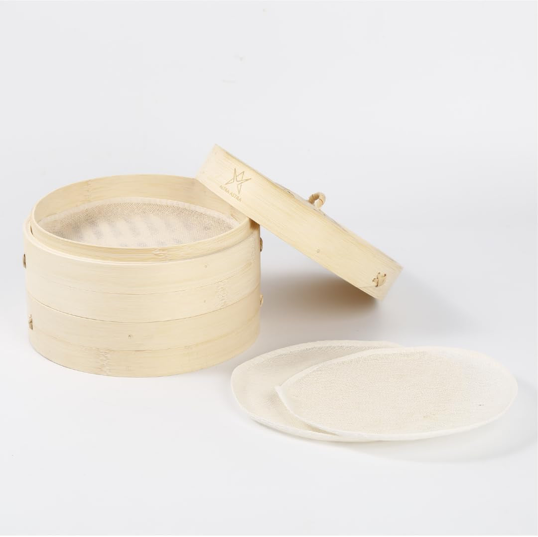 Bamboo Steamer - 8 Inch, 100% Glue Free Construction with Reusable Cotton Sheets, Perfect for Healthy Steaming of Dim Sum, Bao Buns, Vegetables, Meat & Fish, 2 Tiered Basket