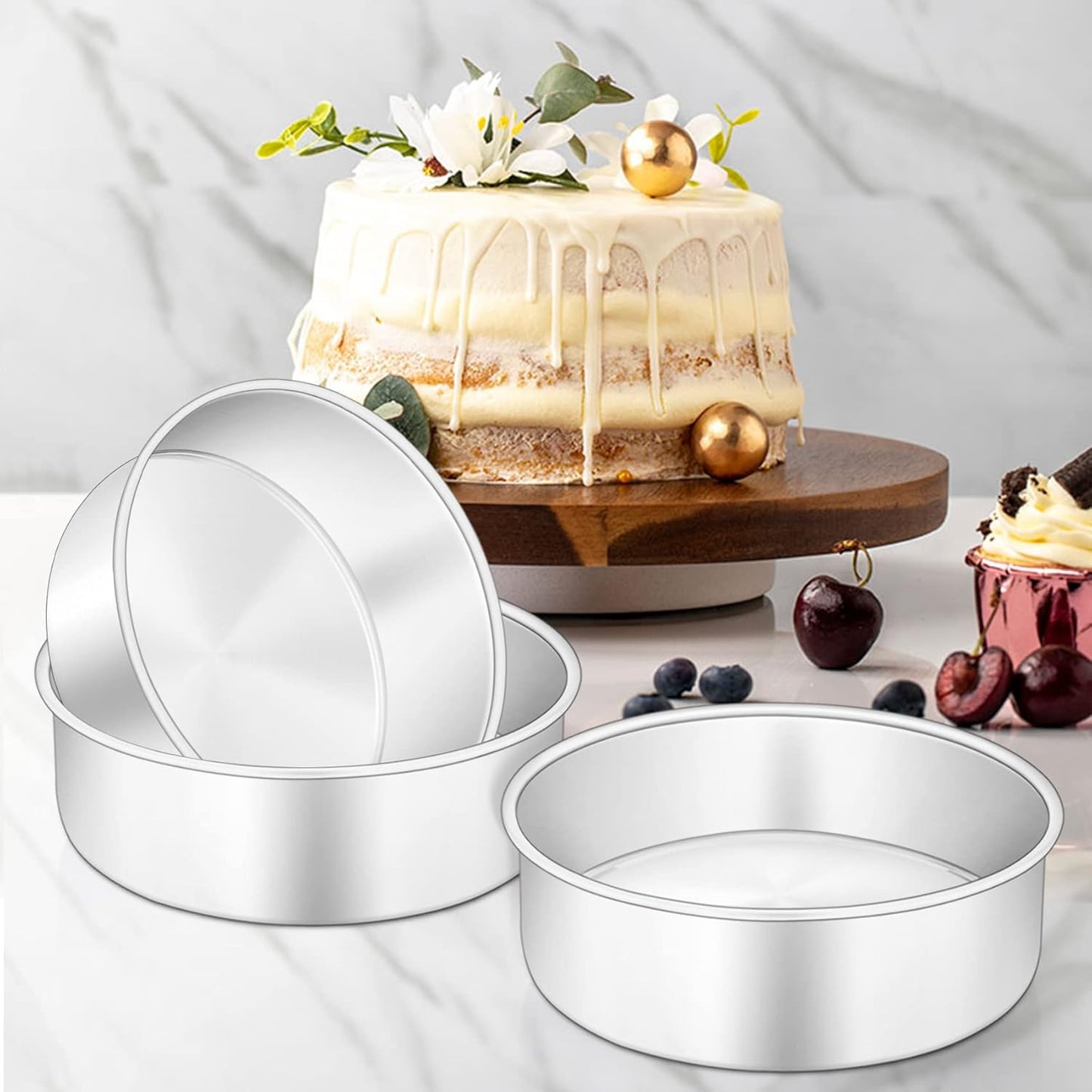 Cake Tin, 6 Inch round Cake Tins, 3PCS Stainless Steel Cake Pan Tray for Baking, Bakeware Set for Birthday Christmas Wedding Layer Cakes, Heavy Duty & Healthy, Mirror Finished & Dishwasher Safe