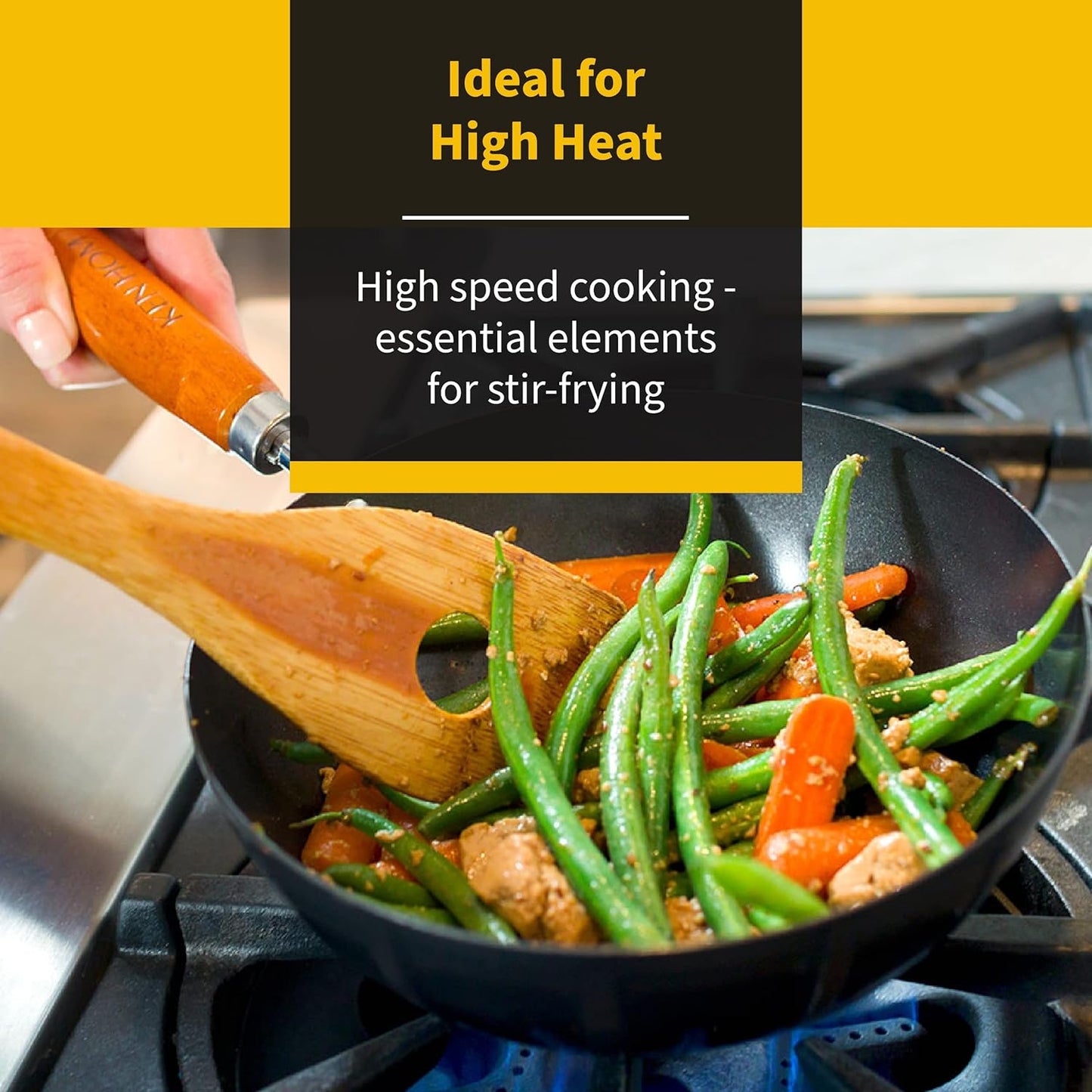 Carbon Steel Wok, 31Cm, Classic, Non-Induction/Wooden Handle/Flat Base Pan, Includes 1 X Chinese Wok Pan, KH331001