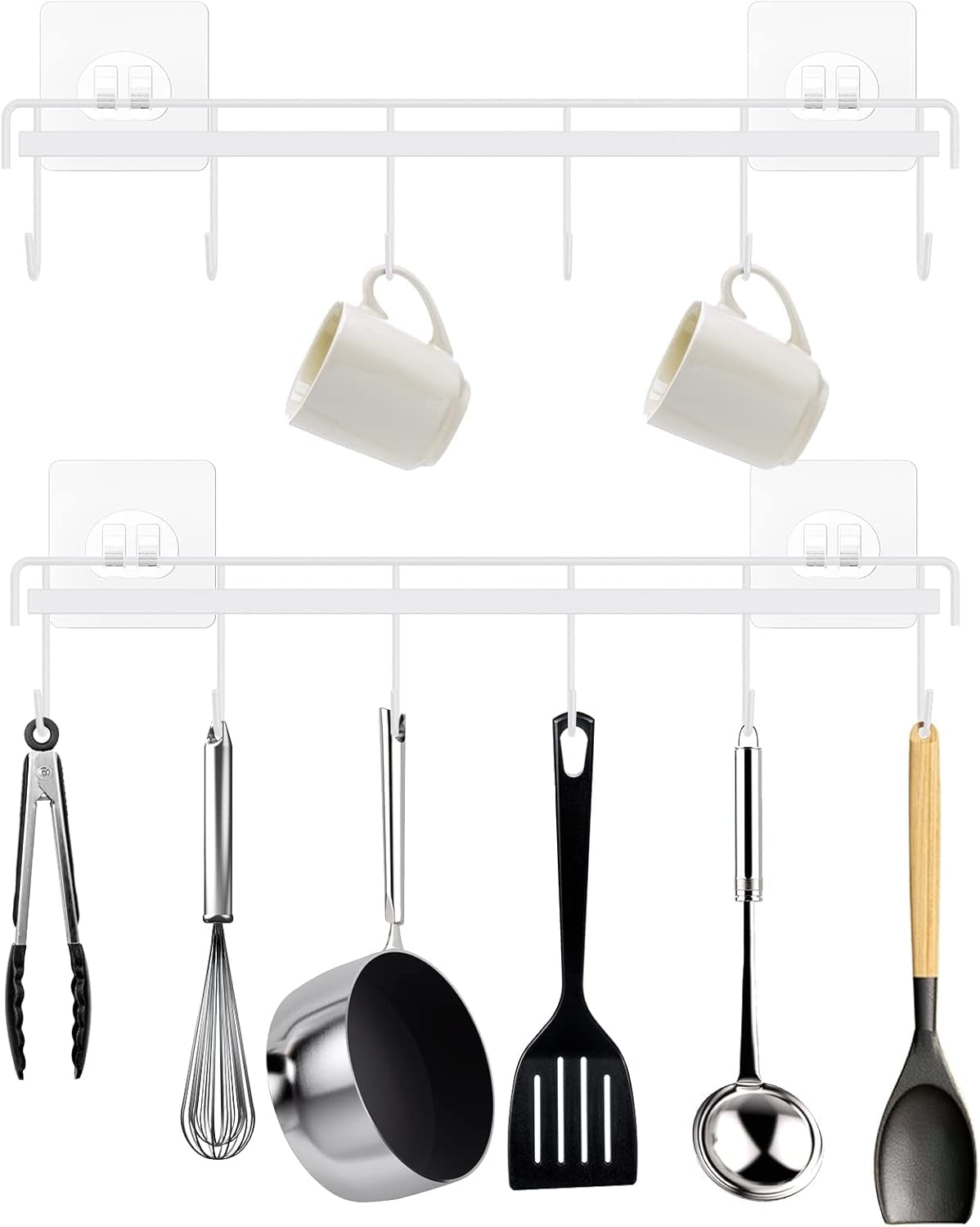 Utensil Hangers with 6 Hooks Space Saving Wall Utensil Holder Kitchen Utensil Hooks No Drilling Wall Mounted Adhesive Wall Hooks Rack for Kitchen Bathroom Bedroom 2 Packs (Black)