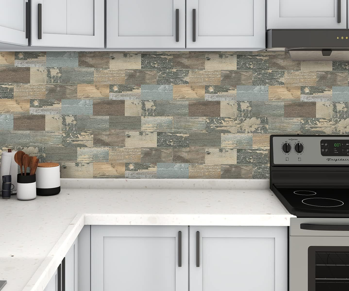 Peel and Stick on Self Adhesive Wall Tiles for Kitchen Splashback Sticky Vintage Wood Look Green 10-Sheet (13.5" X 11.4")
