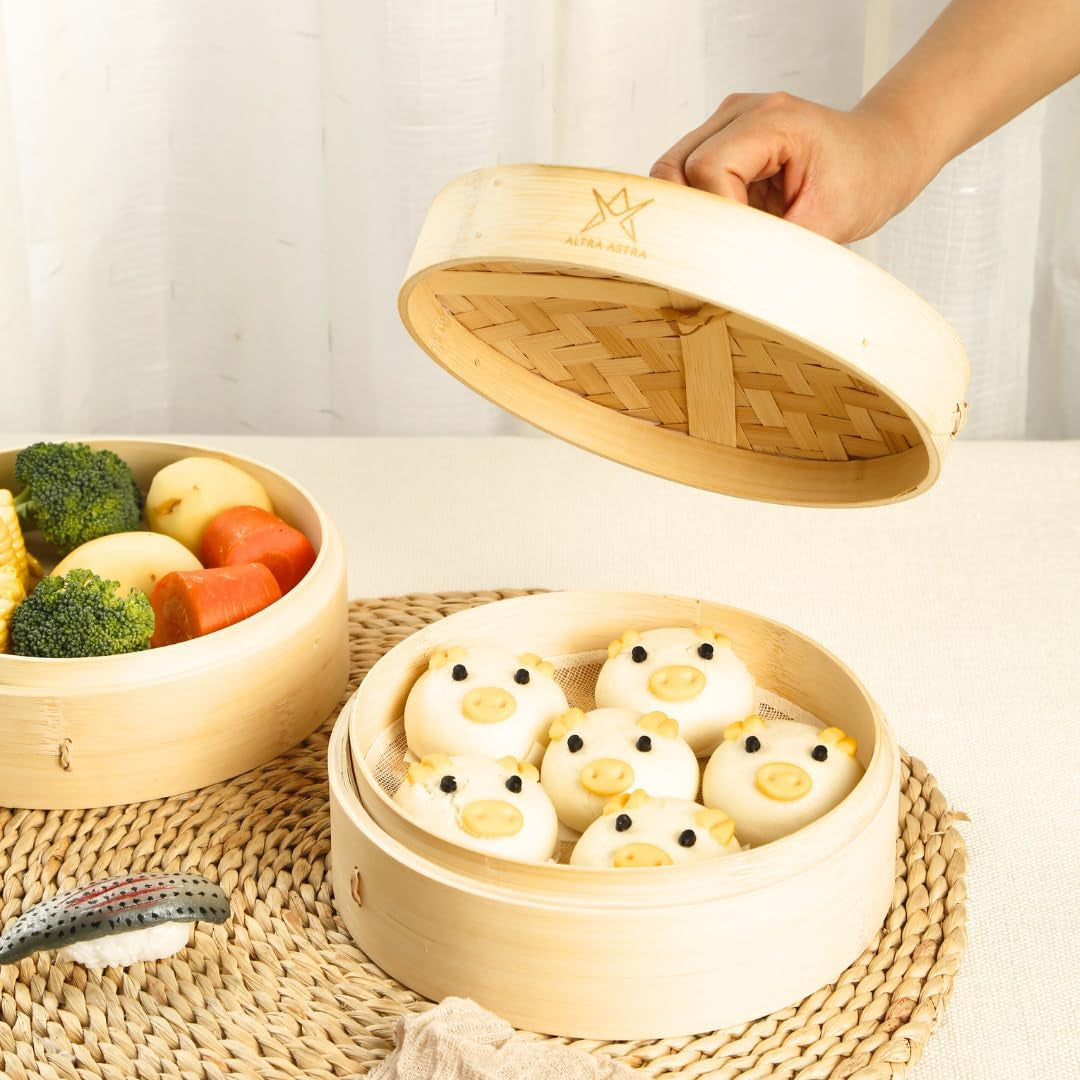 Bamboo Steamer - 8 Inch, 100% Glue Free Construction with Reusable Cotton Sheets, Perfect for Healthy Steaming of Dim Sum, Bao Buns, Vegetables, Meat & Fish, 2 Tiered Basket