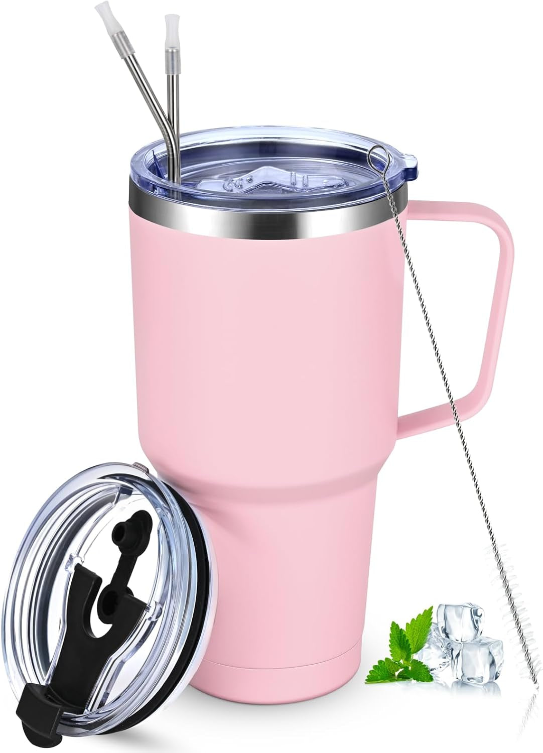 30Oz 900Ml Travel Tumbler with Handle, Insulated Vacuum Travel Coffee Mug, Stainless Steel Water Bottle Flask, Double Walled Leakproof Thermal Mug for Camping, Sports, Office, Home, Light Pink