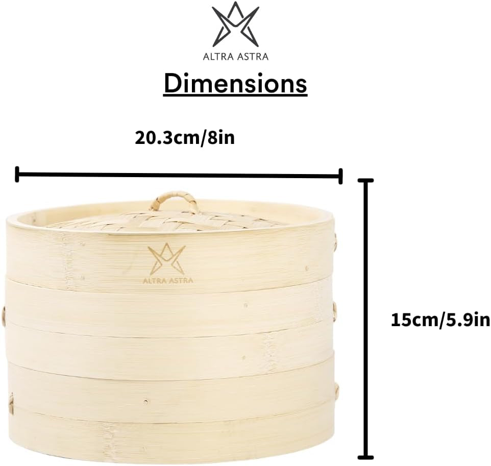 Bamboo Steamer - 8 Inch, 100% Glue Free Construction with Reusable Cotton Sheets, Perfect for Healthy Steaming of Dim Sum, Bao Buns, Vegetables, Meat & Fish, 2 Tiered Basket