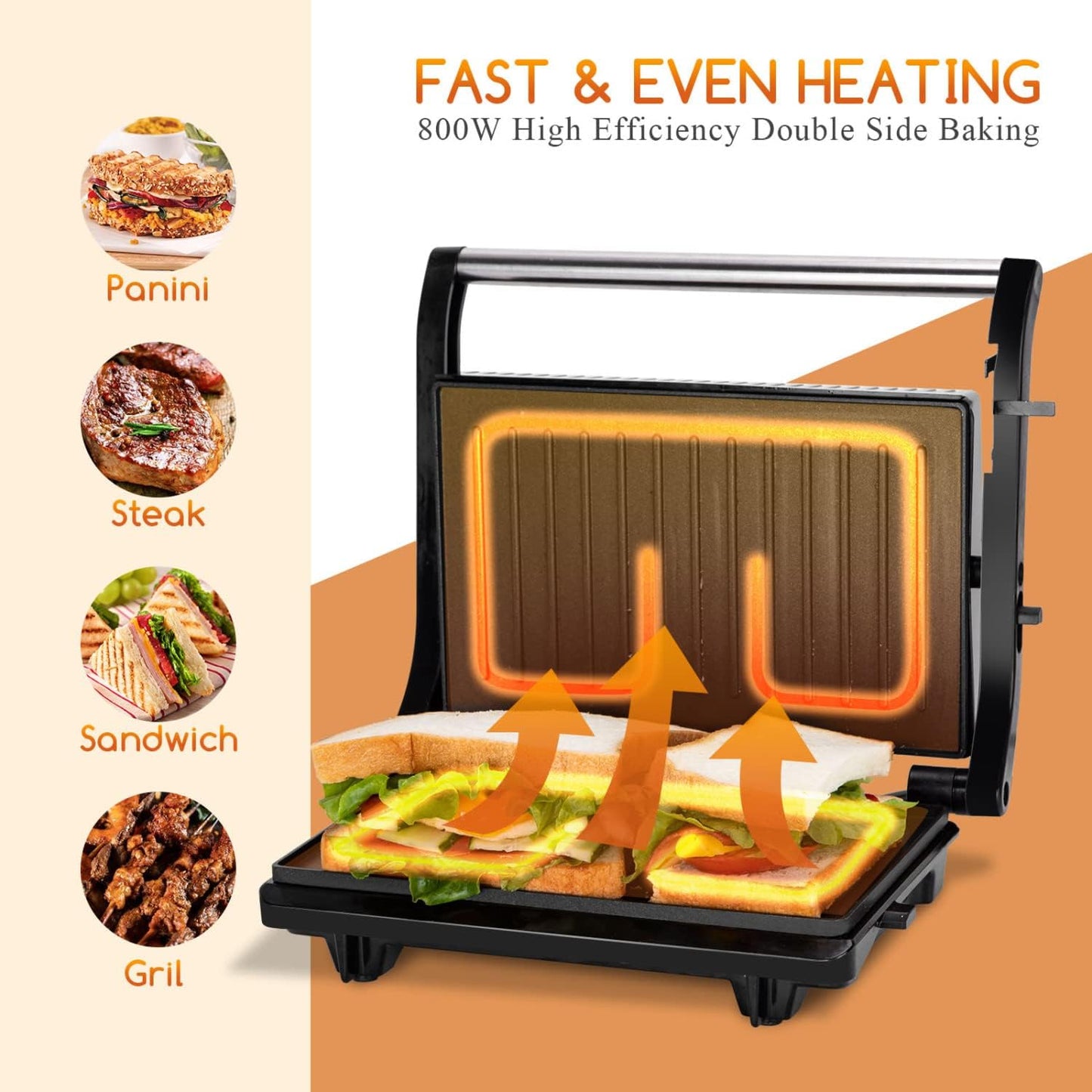 Sandwich Toaster Panini Press, Deep Fill Toastie Maker, Electric Health Grill with Non-Stick Plates, 180° Flat Open, Stainless Steel, Easy to Clean, 800W - York