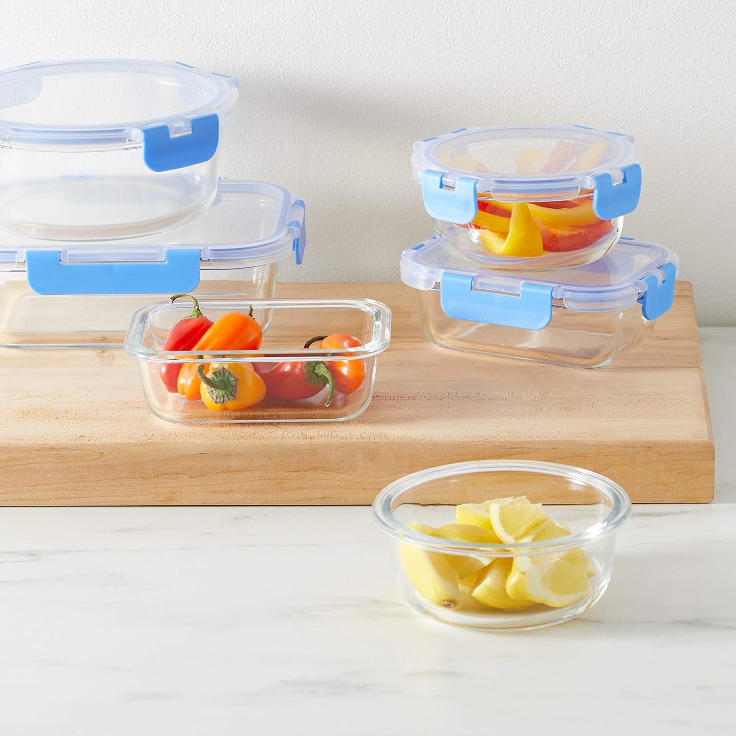 Glass Locking Lid Food Storage, 14 Count Set, 7 Containers and 7 Bpa-Free Lids, Clear with Blue Silicone Ring
