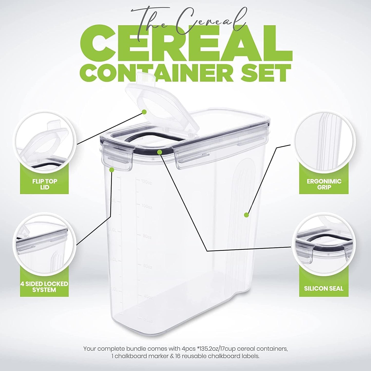 Cereal Storage Container (Set of 3) – BPA Free Plastic – Airtight Kitchen Storage Containers -Dry Food Storage – Cereal Dispenser for Kitchen & Pantry