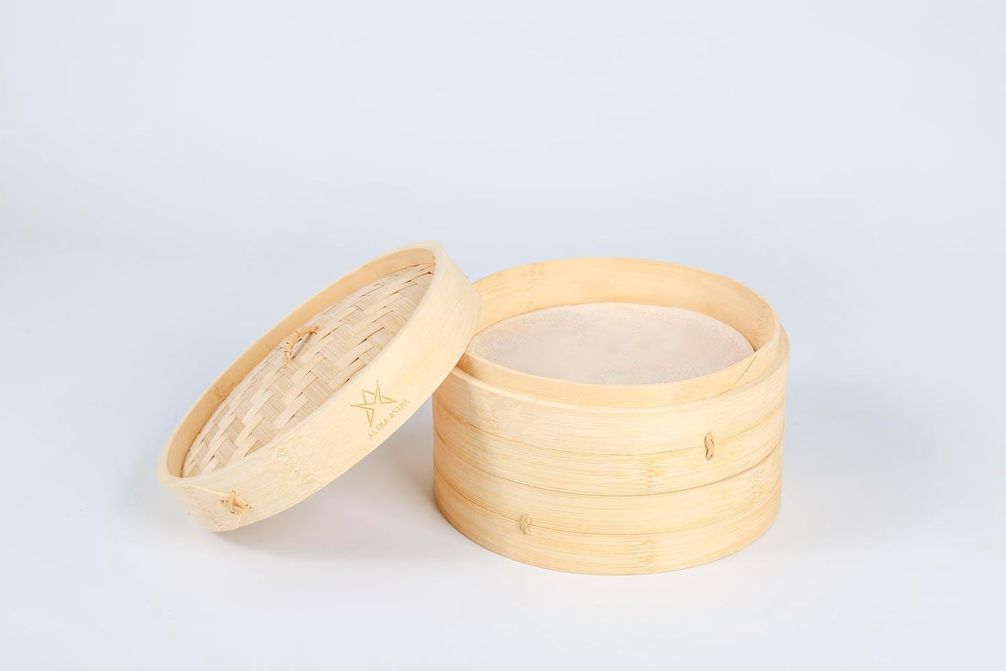 Bamboo Steamer - 8 Inch, 100% Glue Free Construction with Reusable Cotton Sheets, Perfect for Healthy Steaming of Dim Sum, Bao Buns, Vegetables, Meat & Fish, 2 Tiered Basket