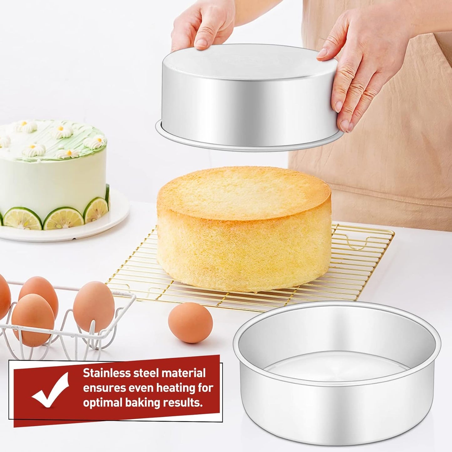Cake Tin, 6 Inch round Cake Tins, 3PCS Stainless Steel Cake Pan Tray for Baking, Bakeware Set for Birthday Christmas Wedding Layer Cakes, Heavy Duty & Healthy, Mirror Finished & Dishwasher Safe