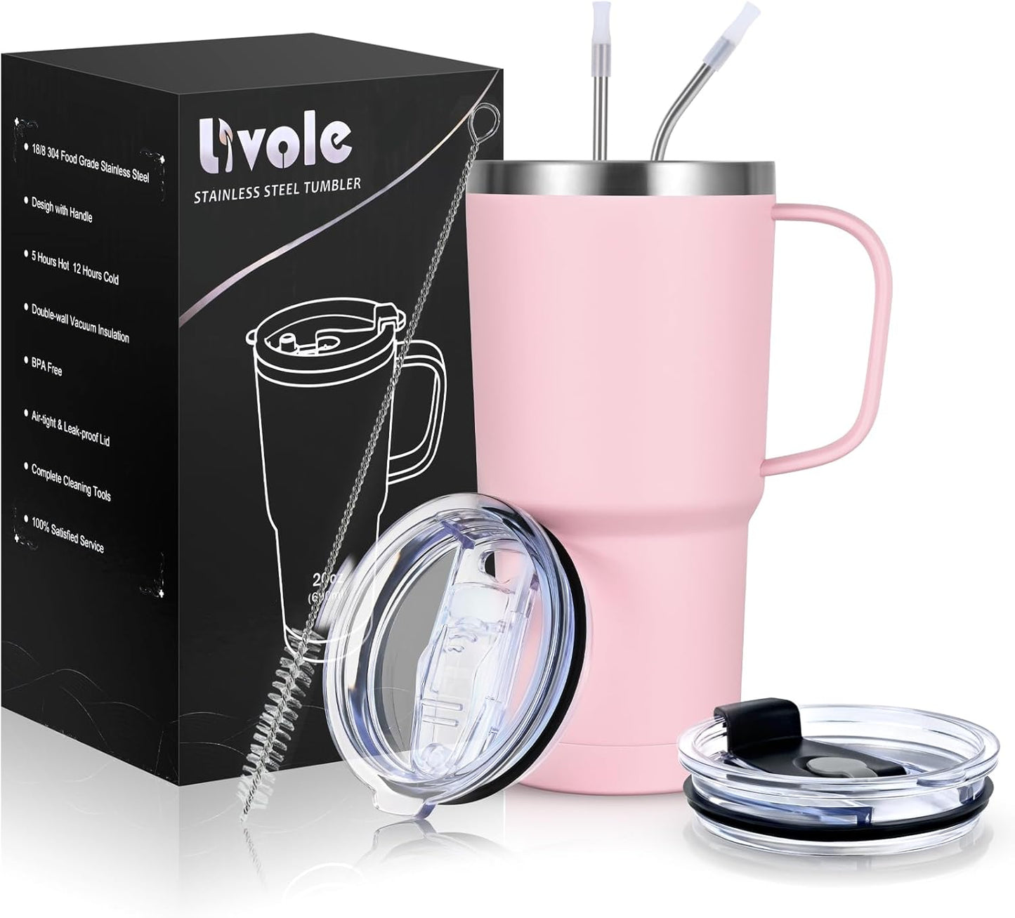30Oz 900Ml Travel Tumbler with Handle, Insulated Vacuum Travel Coffee Mug, Stainless Steel Water Bottle Flask, Double Walled Leakproof Thermal Mug for Camping, Sports, Office, Home, Light Pink