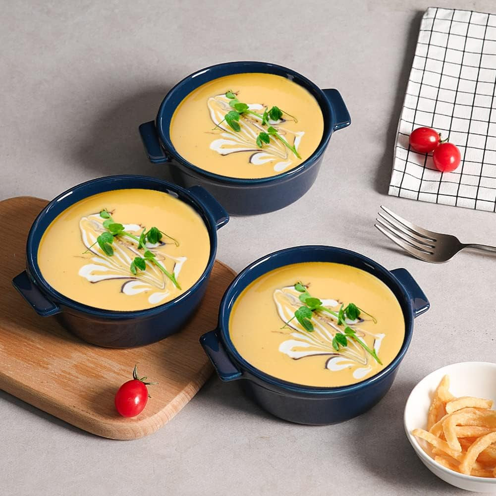Ceramic Souffle Dishes, round Handle-Ramekins-Baking, 300Ml for Pudding,Creme Brulee,Souffle - Set of 6 (Multicolour)