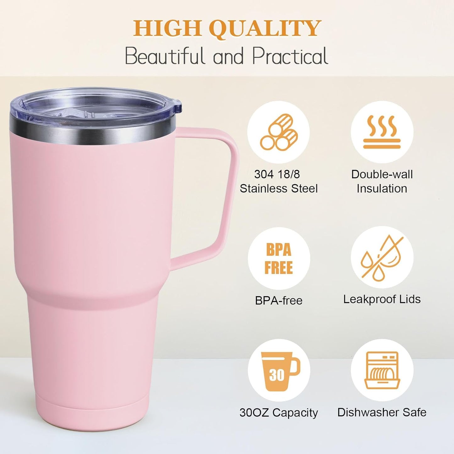 30Oz 900Ml Travel Tumbler with Handle, Insulated Vacuum Travel Coffee Mug, Stainless Steel Water Bottle Flask, Double Walled Leakproof Thermal Mug for Camping, Sports, Office, Home, Light Pink