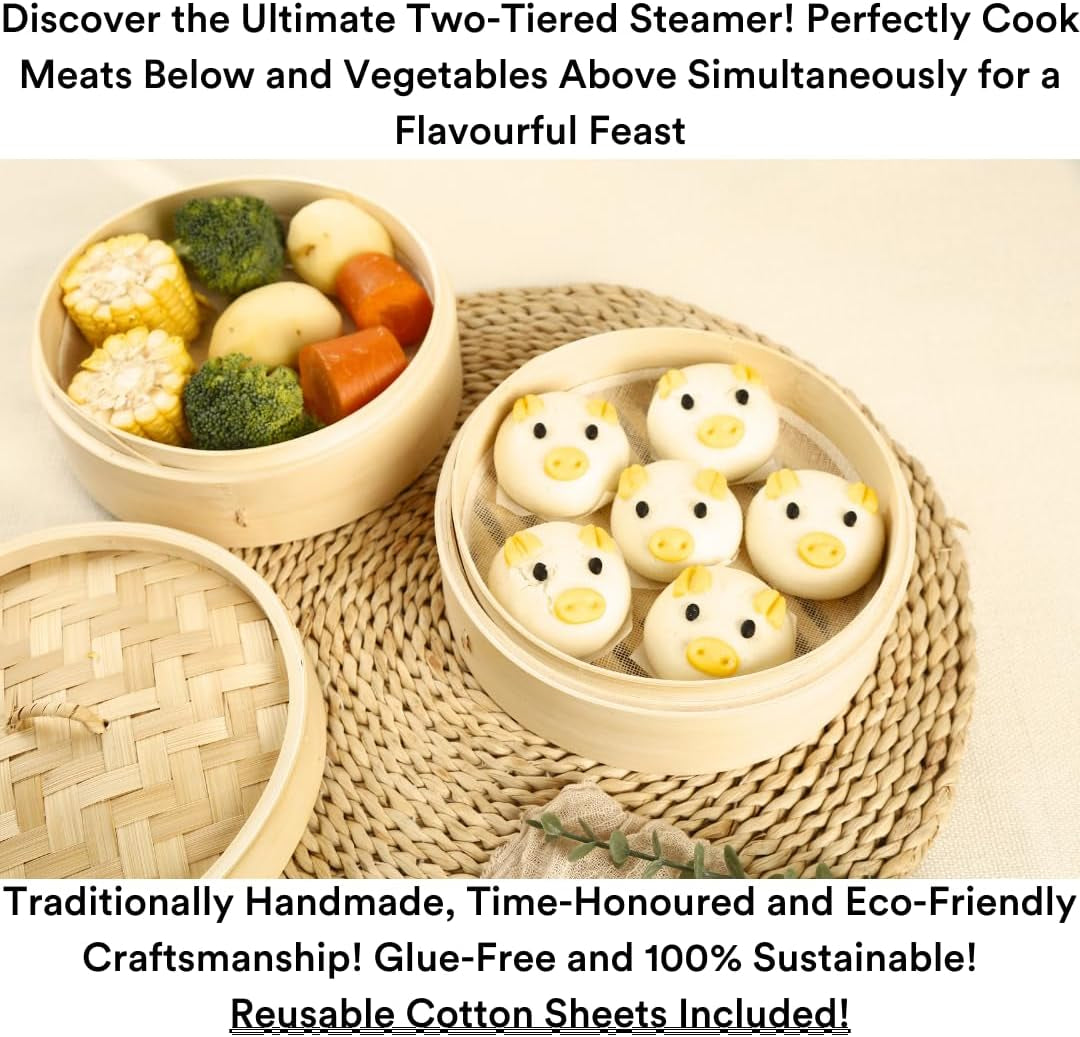 Bamboo Steamer - 8 Inch, 100% Glue Free Construction with Reusable Cotton Sheets, Perfect for Healthy Steaming of Dim Sum, Bao Buns, Vegetables, Meat & Fish, 2 Tiered Basket