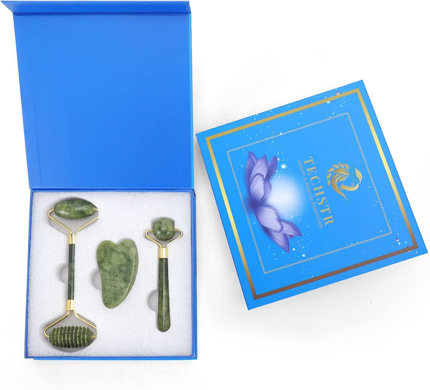 Jade Roller with Gua Sha Massage Set (3Pcs) - Face Roller for Eye Puffiness Treatment, Skin Tightening, Face & Neck, Natural Jade Face Massager & Perfect Self Care Gifts for Women