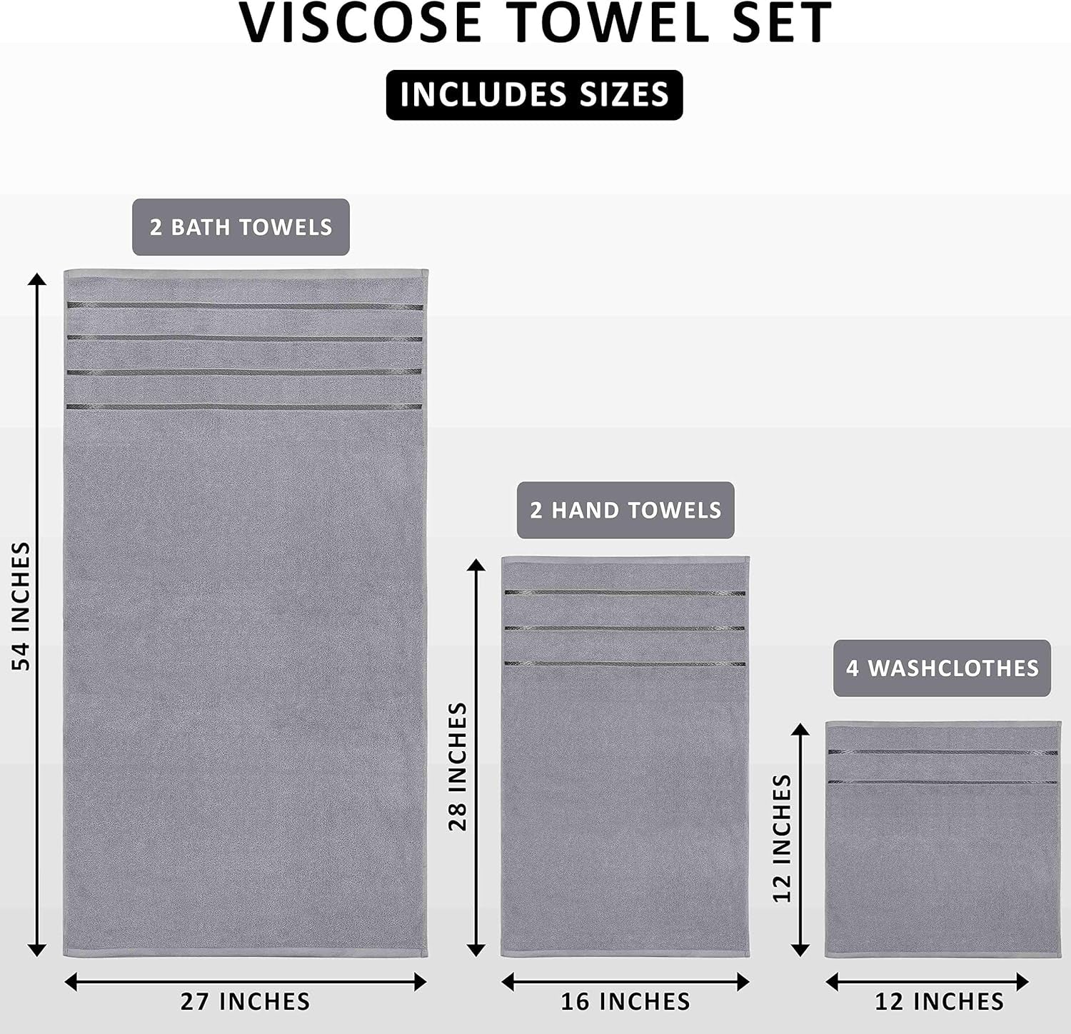 8-Piece Luxury Towel Set, 2 Bath Towels, 2 Hand Towels, and 4 Wash Cloths,97% Ring Spun Cotton Highly Absorbent Viscose Stripe Towels Ideal for Everyday Use (Cool Grey)
