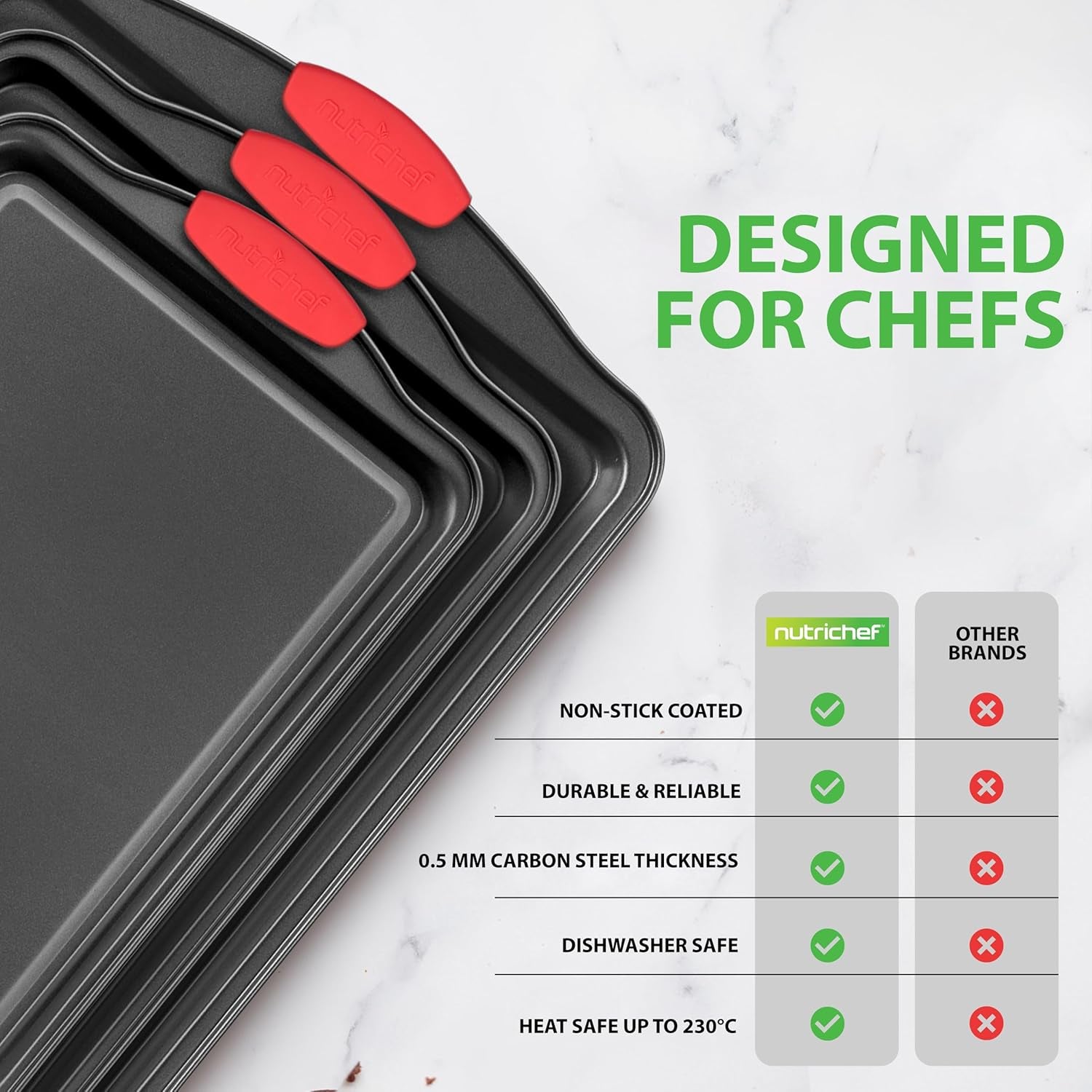 Baking Tray Set - Oven Baking Pans, 3 Piece Non-Stick Oven Trays, Deluxe & Stylish High Quality - Matal Bakeware, Black W/Red Silicone Handles