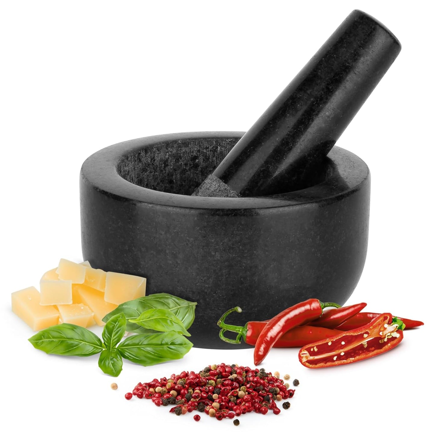 Pestle and Mortar Set, Premium Solid Granite Stone Mortar and Pestle Large Black - 16Cm (6.3") Diameter - Pestle and Mortar Large