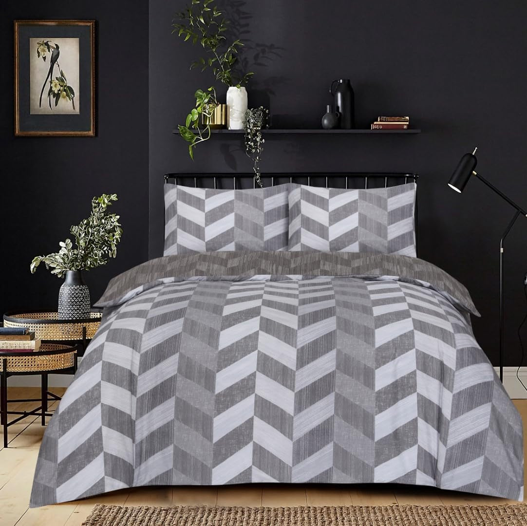 Best Linen 4 Piece Duvet Cover Set Polyester Cotton Quilt Cover Pillow Case & Fitted Sheet Complete Bedding Set Easy Care Machine Wash anti Allergic (Floral Grey, Double) (Duvetcover001)