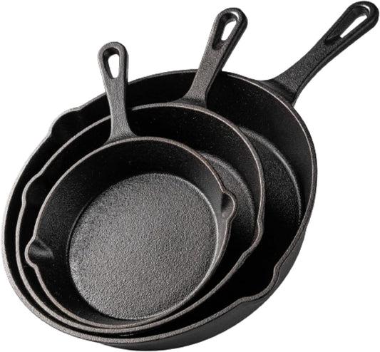 Pre-Seasoned Cast Iron Skillet Frying Pans Oven Safe Cookware for Indoor & Outdoor Use - Grill, Stovetop, Black (3-Piece Chef Set 6-Inch 15Cm, 8-Inch 20Cm, 10-Inch 25Cm)
