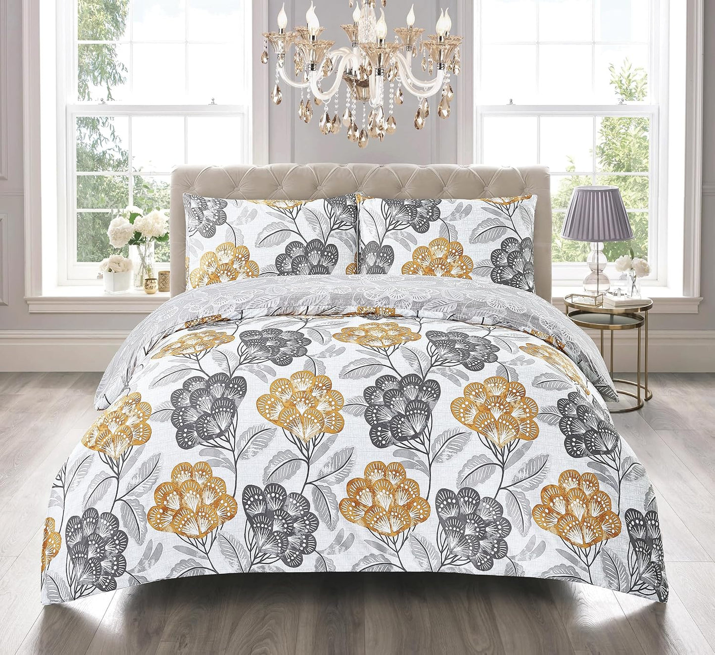 Best Linen 4 Piece Duvet Cover Set Polyester Cotton Quilt Cover Pillow Case & Fitted Sheet Complete Bedding Set Easy Care Machine Wash anti Allergic (Floral Grey, Double) (Duvetcover001)