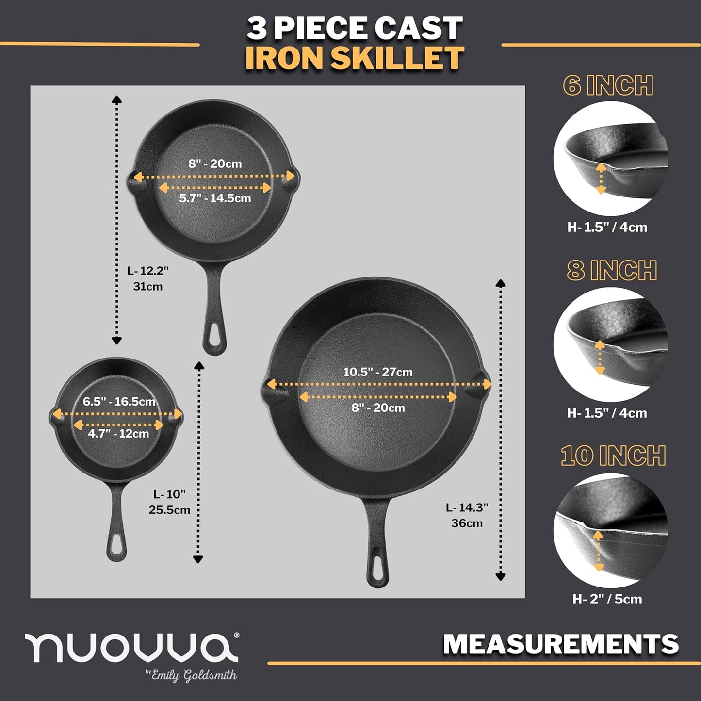 Pre-Seasoned Cast Iron Skillet Frying Pans Oven Safe Cookware for Indoor & Outdoor Use - Grill, Stovetop, Black (3-Piece Chef Set 6-Inch 15Cm, 8-Inch 20Cm, 10-Inch 25Cm)