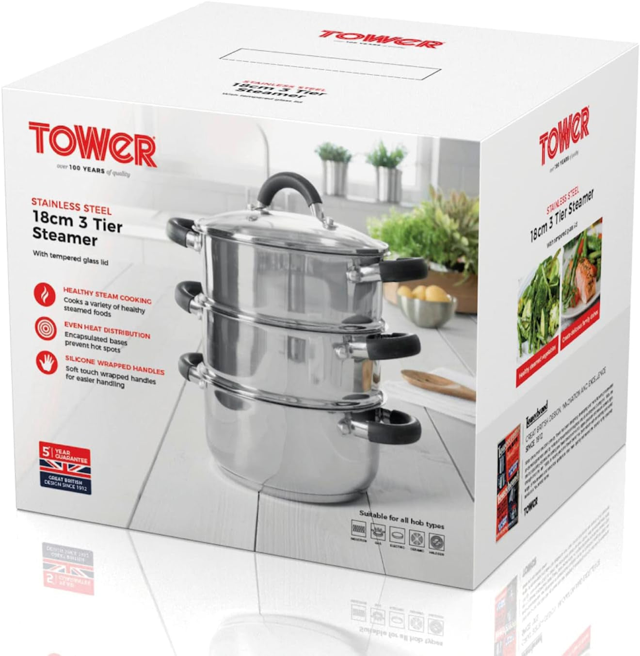 T80836 Essentials Induction Steamer Pans 3 Tier with Glass Lid, Silicone Handles, Stainless Steel, Steamer Cooking, Polished Mirror Finish, 18 Cm , Silver