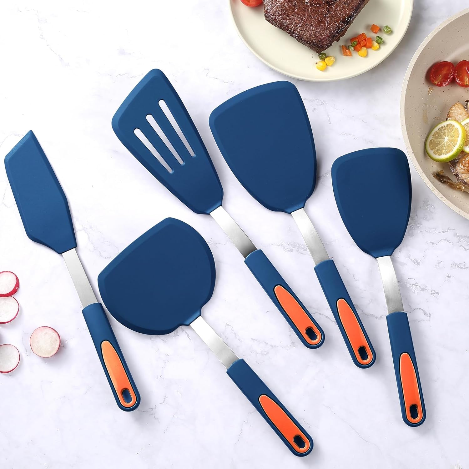 5 Pieces Silicone Spatula Set, BPA Free Silicone Turner Spatulas, Heat Resistance Cooking Utensils, Flip Turner for Fish, Egg, Pancake, Navy Blue