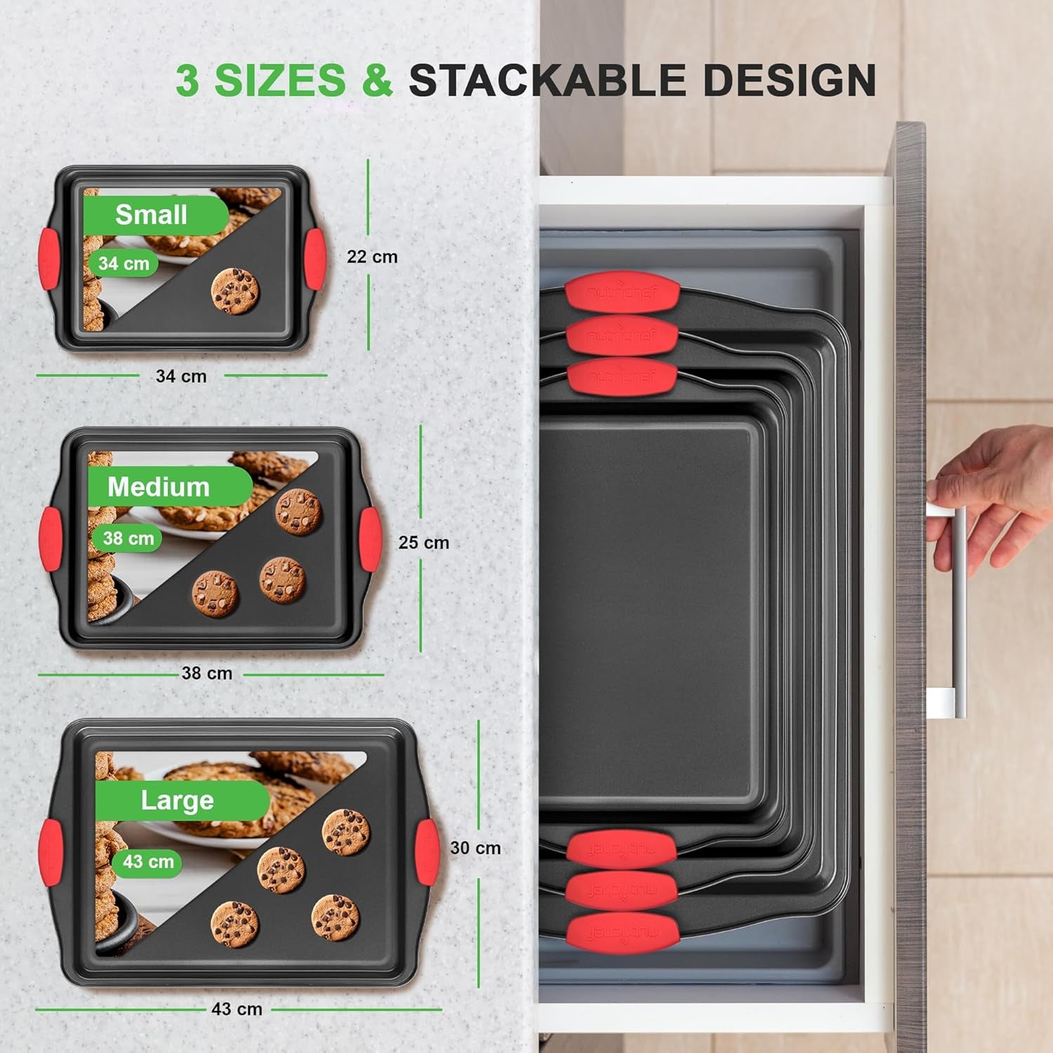 Baking Tray Set - Oven Baking Pans, 3 Piece Non-Stick Oven Trays, Deluxe & Stylish High Quality - Matal Bakeware, Black W/Red Silicone Handles