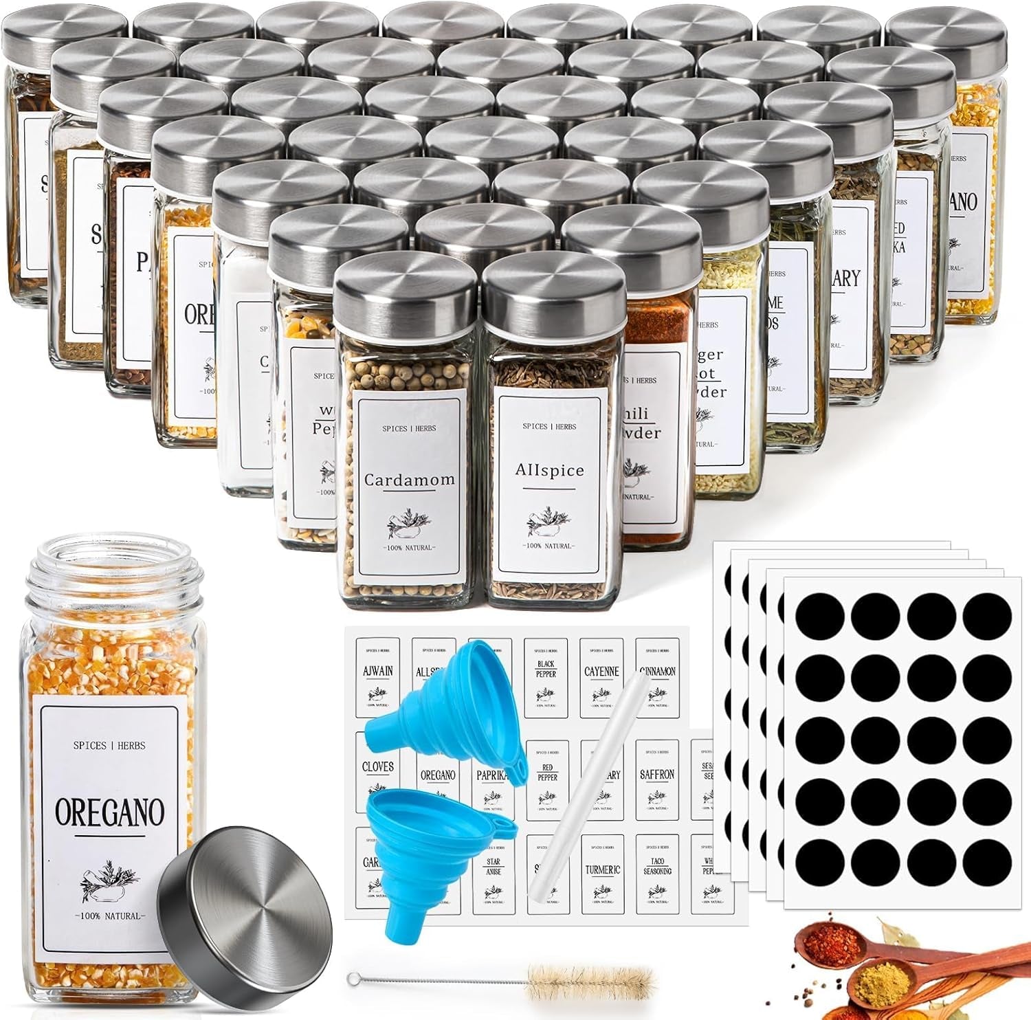 36 Pack Spice Jars with Square Stainless Steel Lids, 120Ml Kitchen Spice Containers with Label , Pen, Hose Brush, 2 Silicone Funnels, for Home Kitchen Spice, Seasonings, Condiments, Herbs Storage