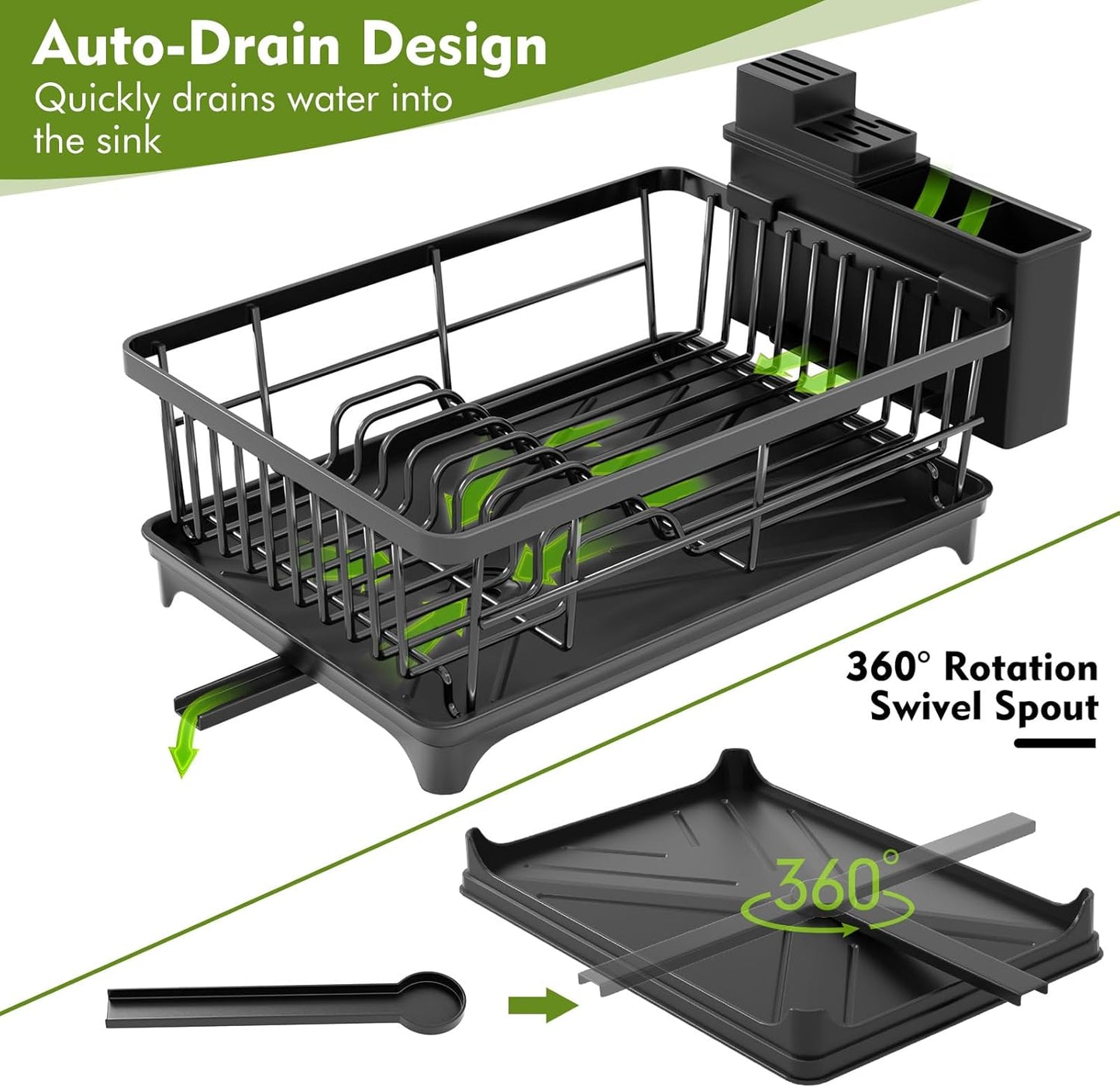 Dish Drainer Rack, Space Saving Dish Drainer for Kitchen Counter with Utensil Holder, Kitchen Dish Rack Sink Dish Drying Rack with Drain Board, Black