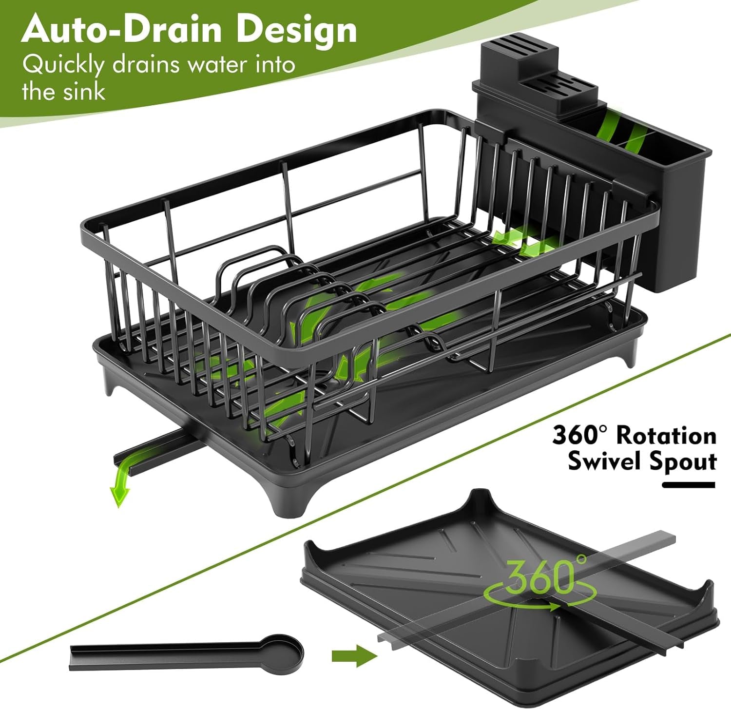 Dish Drainer Rack, Space Saving Dish Drainer for Kitchen Counter with Utensil Holder, Kitchen Dish Rack Sink Dish Drying Rack with Drain Board, Black